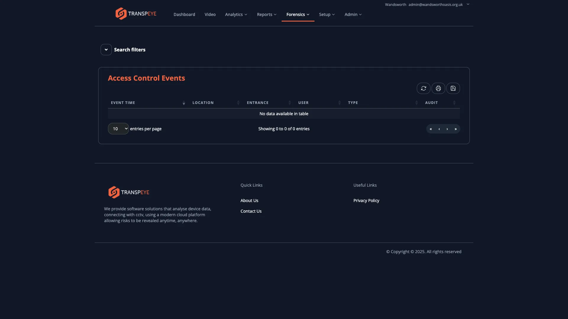 The Access Control Events list page showing a data table of door and entry events with columns for event time, zone, credential, and access status