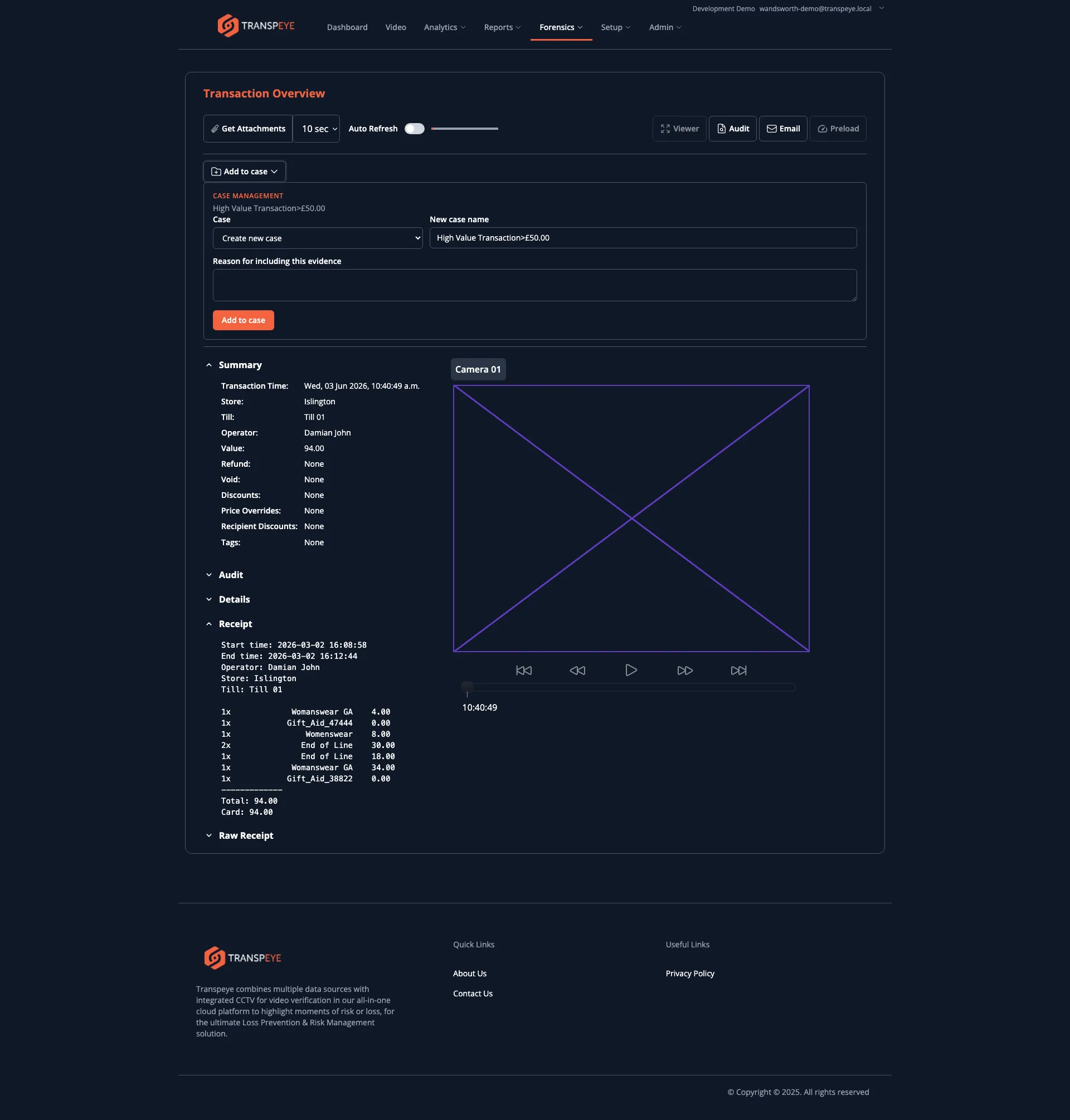A transaction detail page with the Add to case panel open, showing the case selector, new case name, reason field, and Add to case button