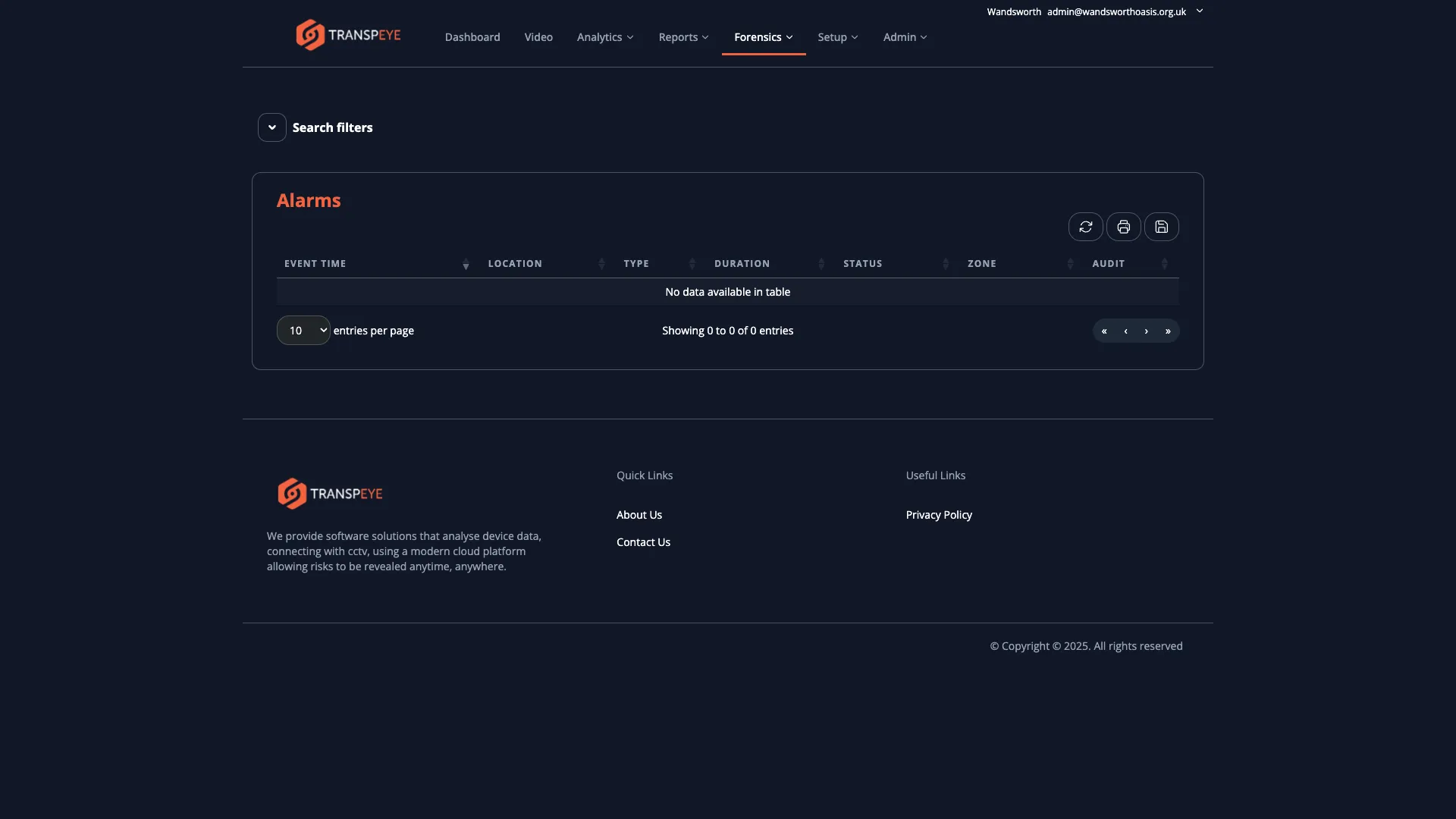 The Alarms list page showing a data table of alarm events with columns for event time, store, device, and event type