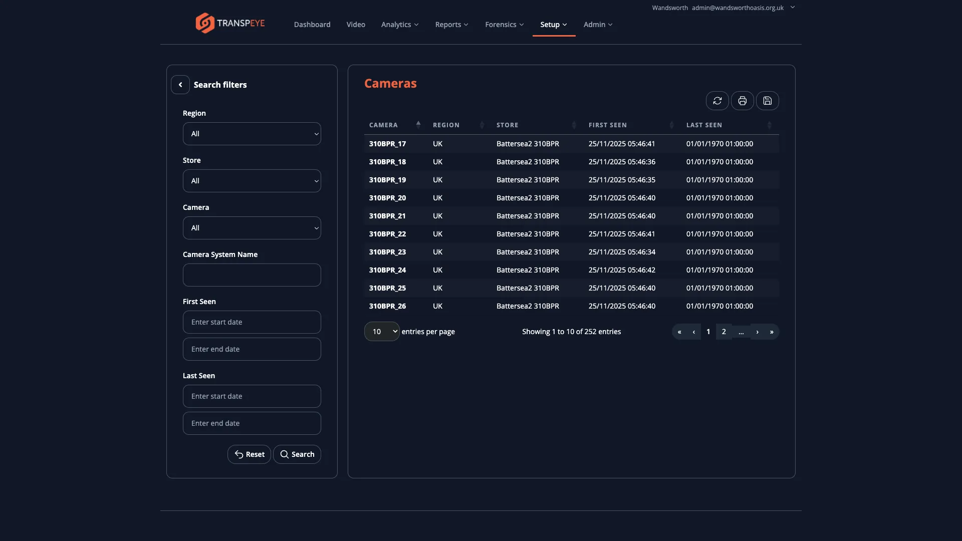 The Cameras list page showing camera records with columns for camera name, type, IP address, and store assignment