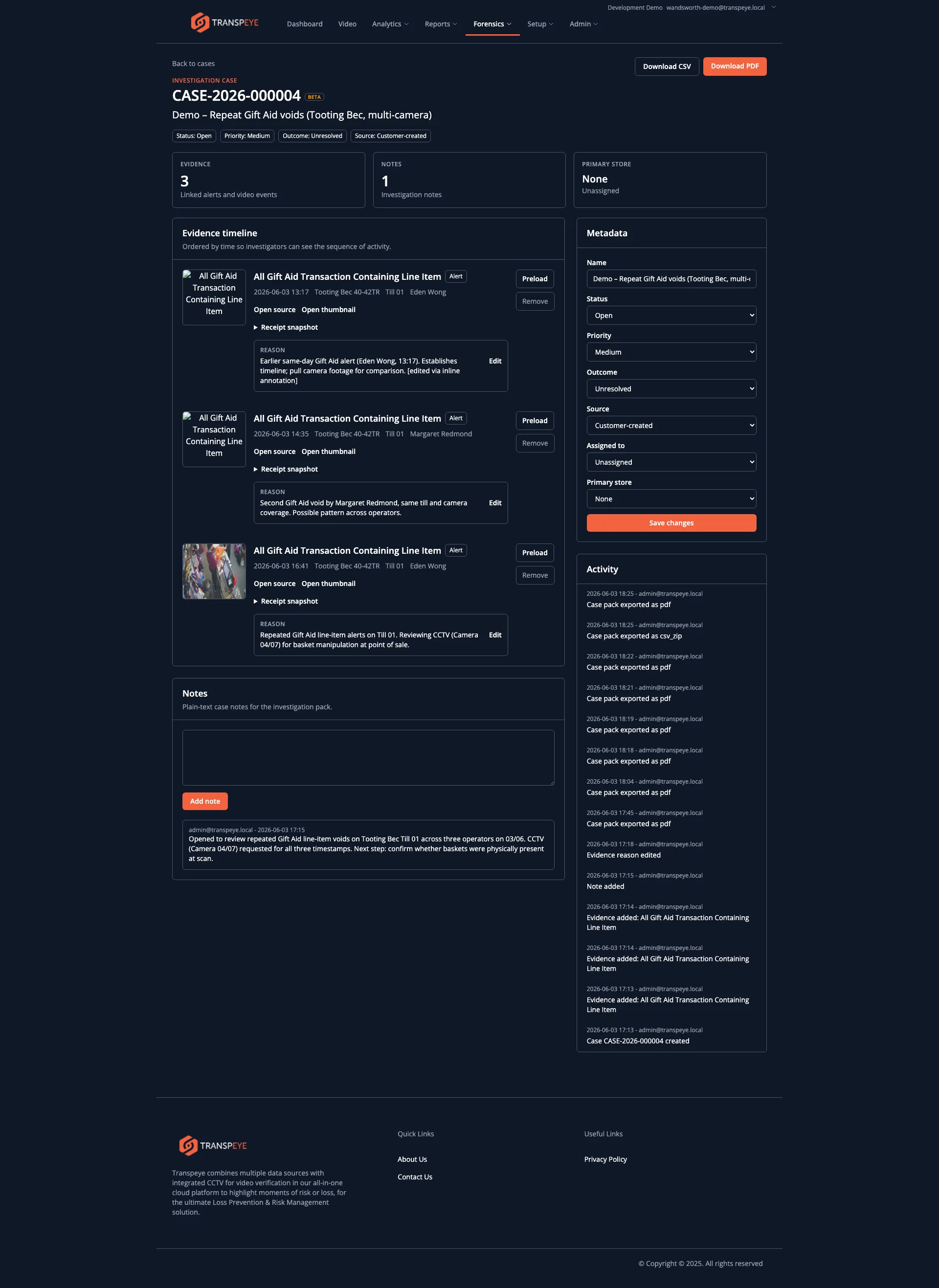 The case detail page showing a case header, evidence timeline, notes area, metadata controls, export buttons, and activity log