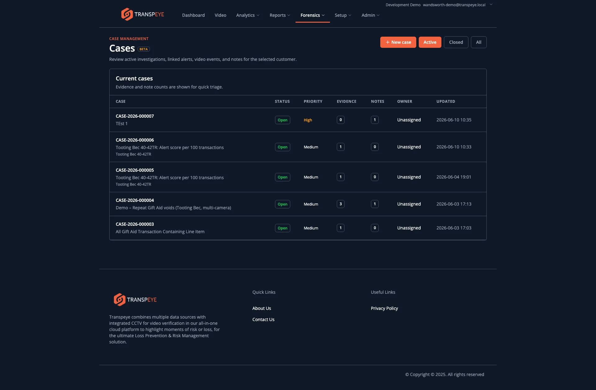 The Cases page showing active investigation cases with status, priority, evidence count, note count, owner, and last updated time