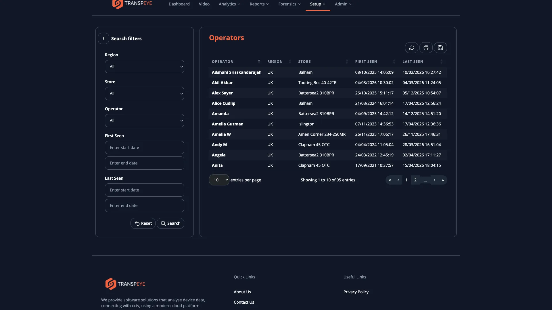 The Transpeye Operators list page showing a data table with columns for Name and Role, listing each configured operator with a link to open their detail view