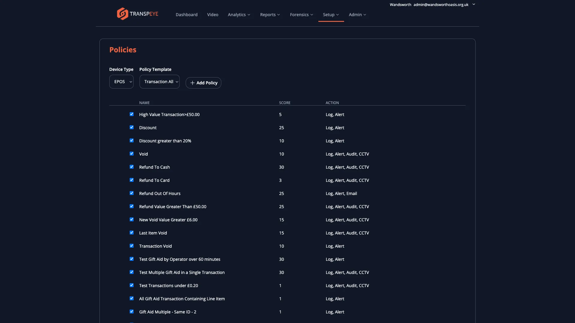The Transpeye Policies page showing a list of configured policies with columns for Name and Score and Action, with enable/disable checkboxes and up/down ordering arrows beside each policy row