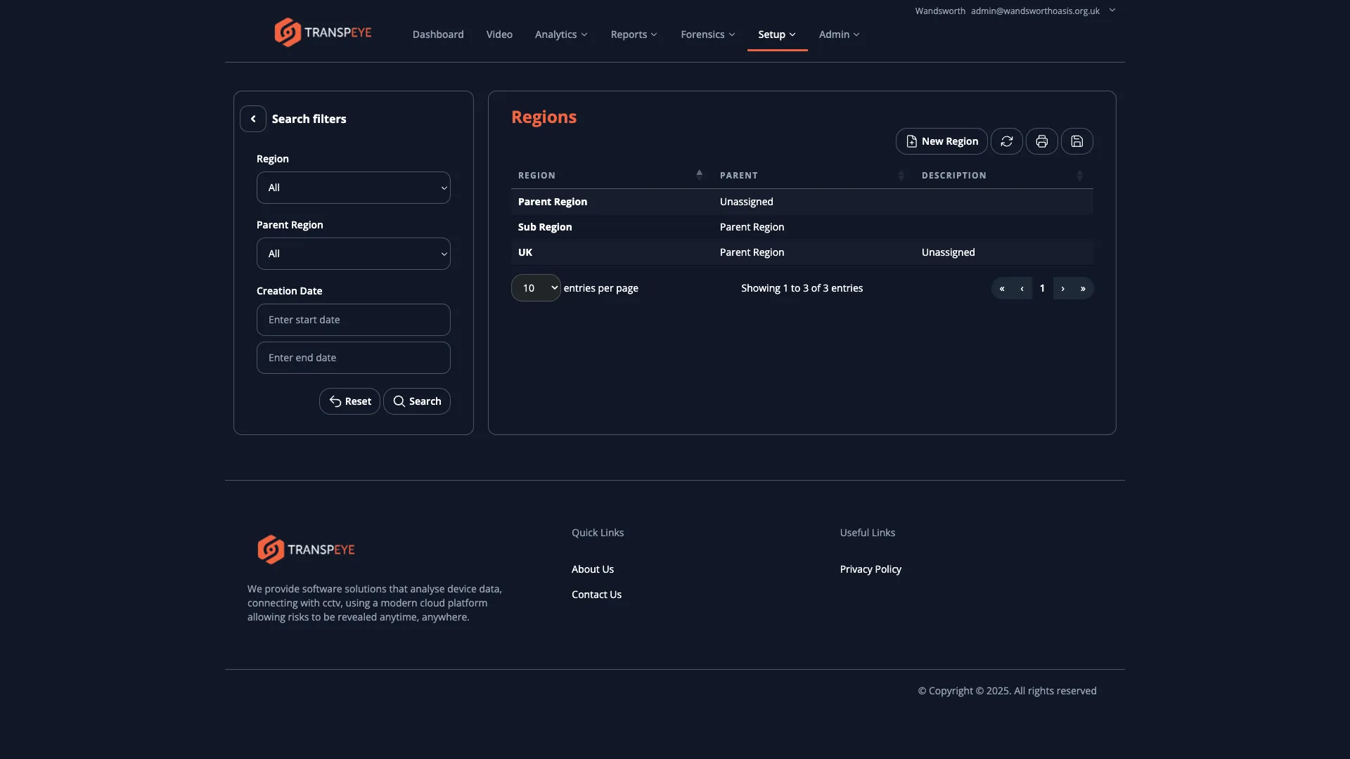 The Regions list page showing a table of geographical regions with name and action columns
