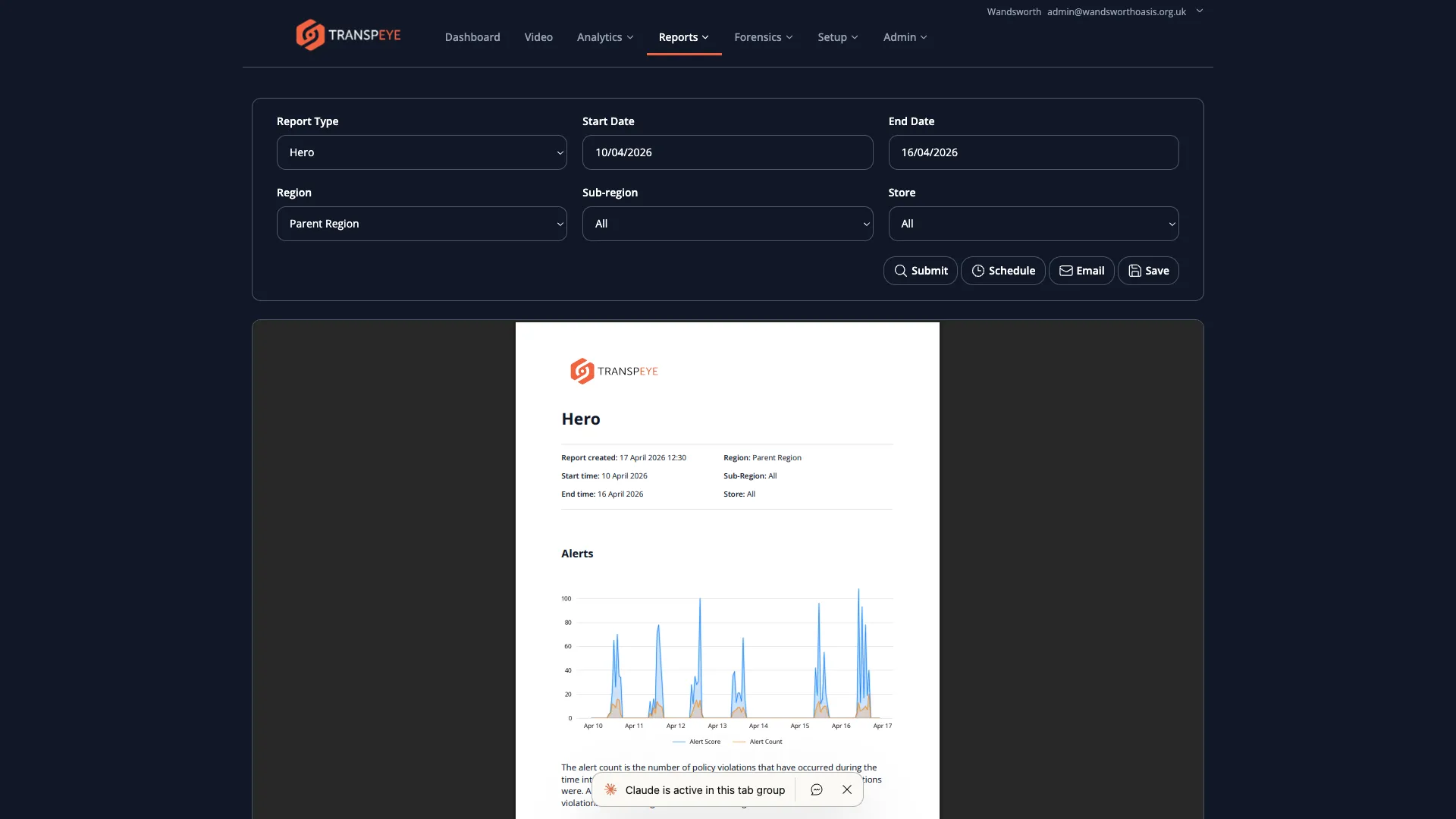 The Transpeye Reports page showing a list of previously generated reports with columns for report name, date range, and download and email action buttons