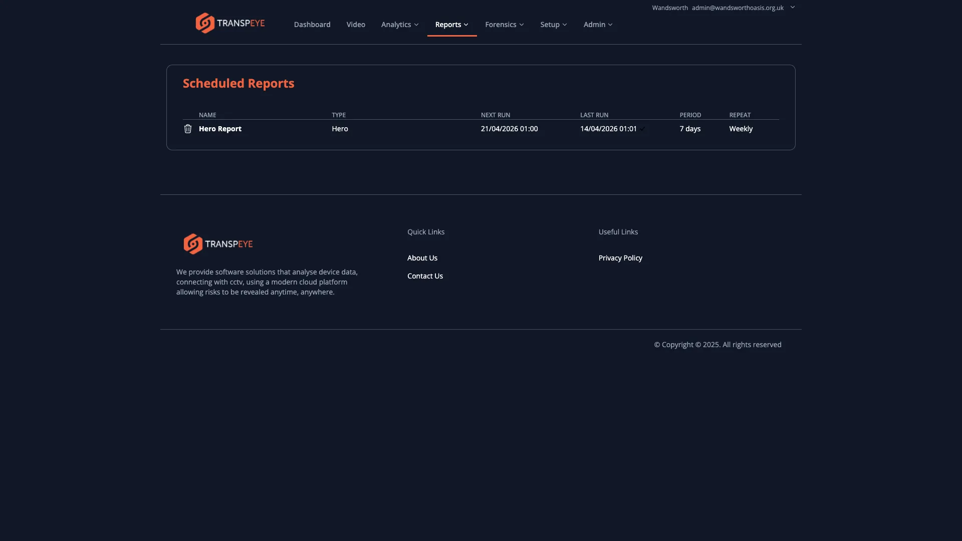 The Transpeye Scheduled Reports page showing a table of configured scheduled reports with columns for report name, frequency, recipients, and manage action buttons