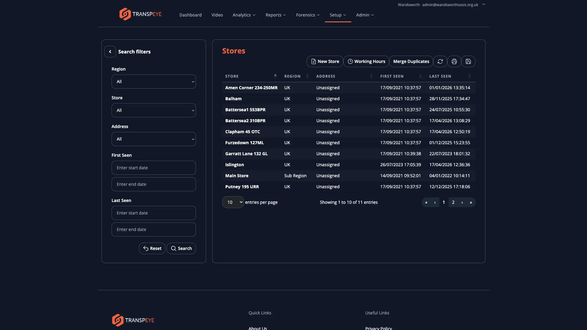 The Transpeye Stores list page showing a data table with columns for store Name, Address, and Region, with a row for each configured store and a link to view each store's details
