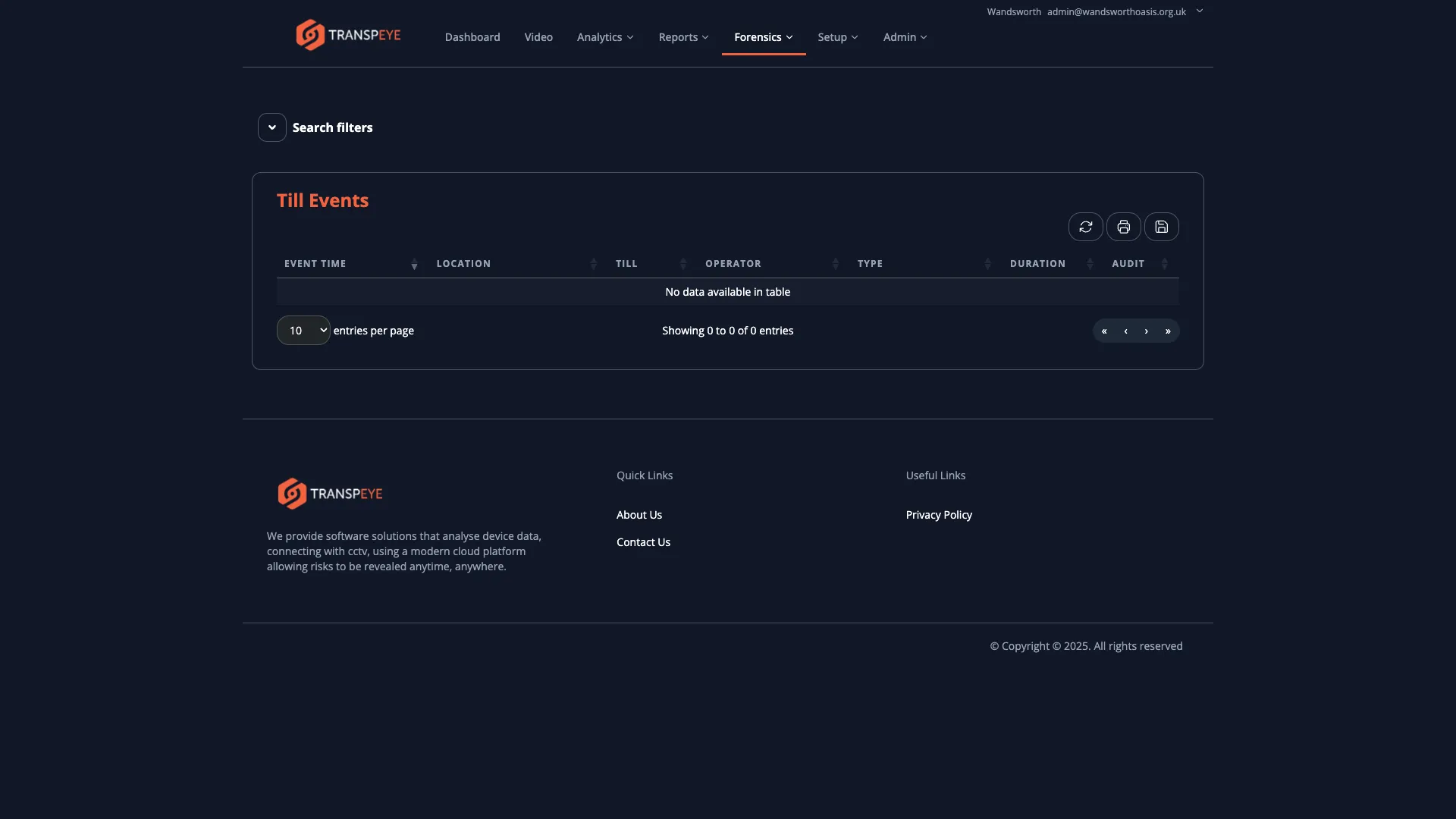 The Till Events list page showing a data table of till hardware events with columns for event time, store, till, operator, and event type