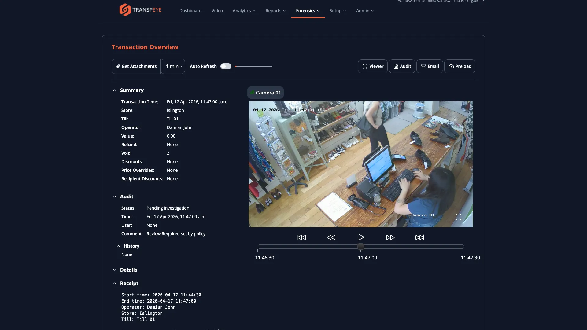 The Transaction Overview page showing audit status set to Pending Investigation, with the camera snapshot and transaction receipt details below