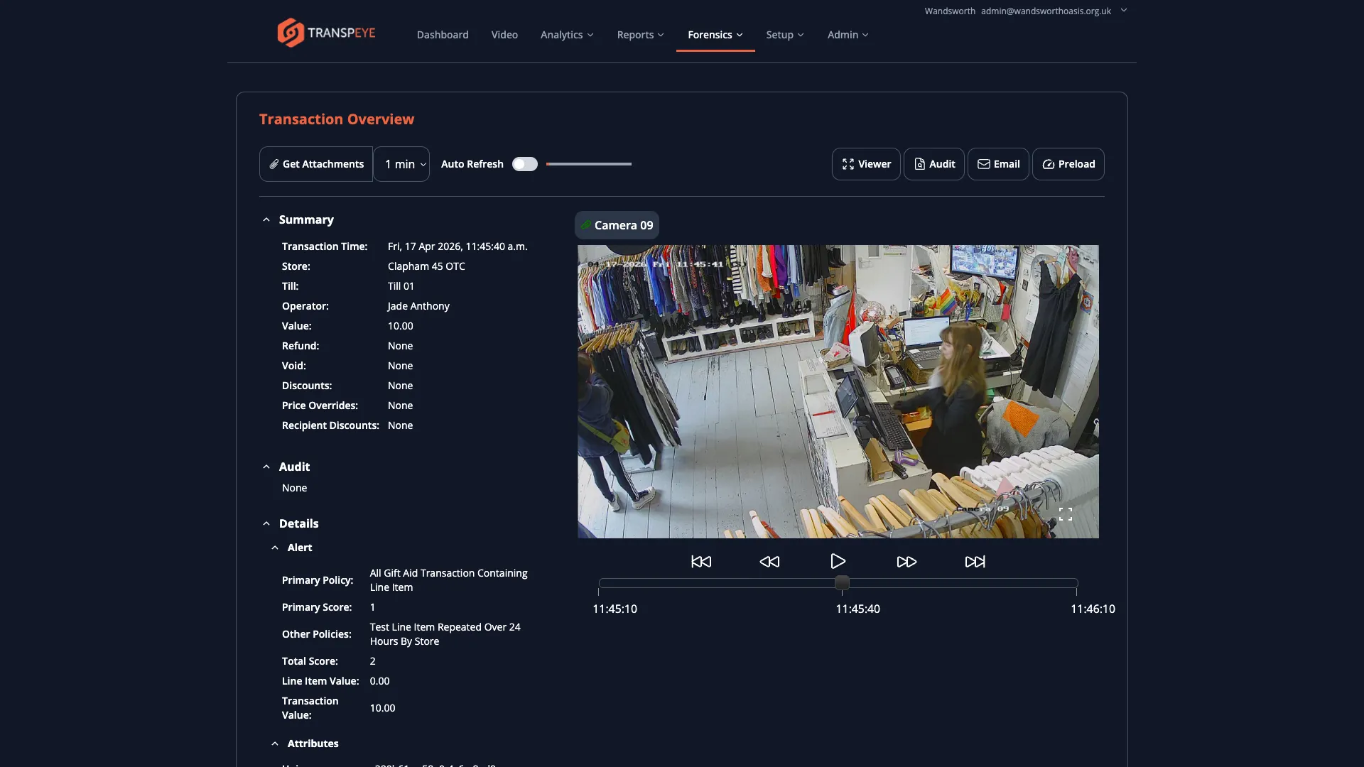 The Transaction Overview page showing a transaction summary on the left with CCTV video playback on the right, including transaction metadata, policy details, and video controls