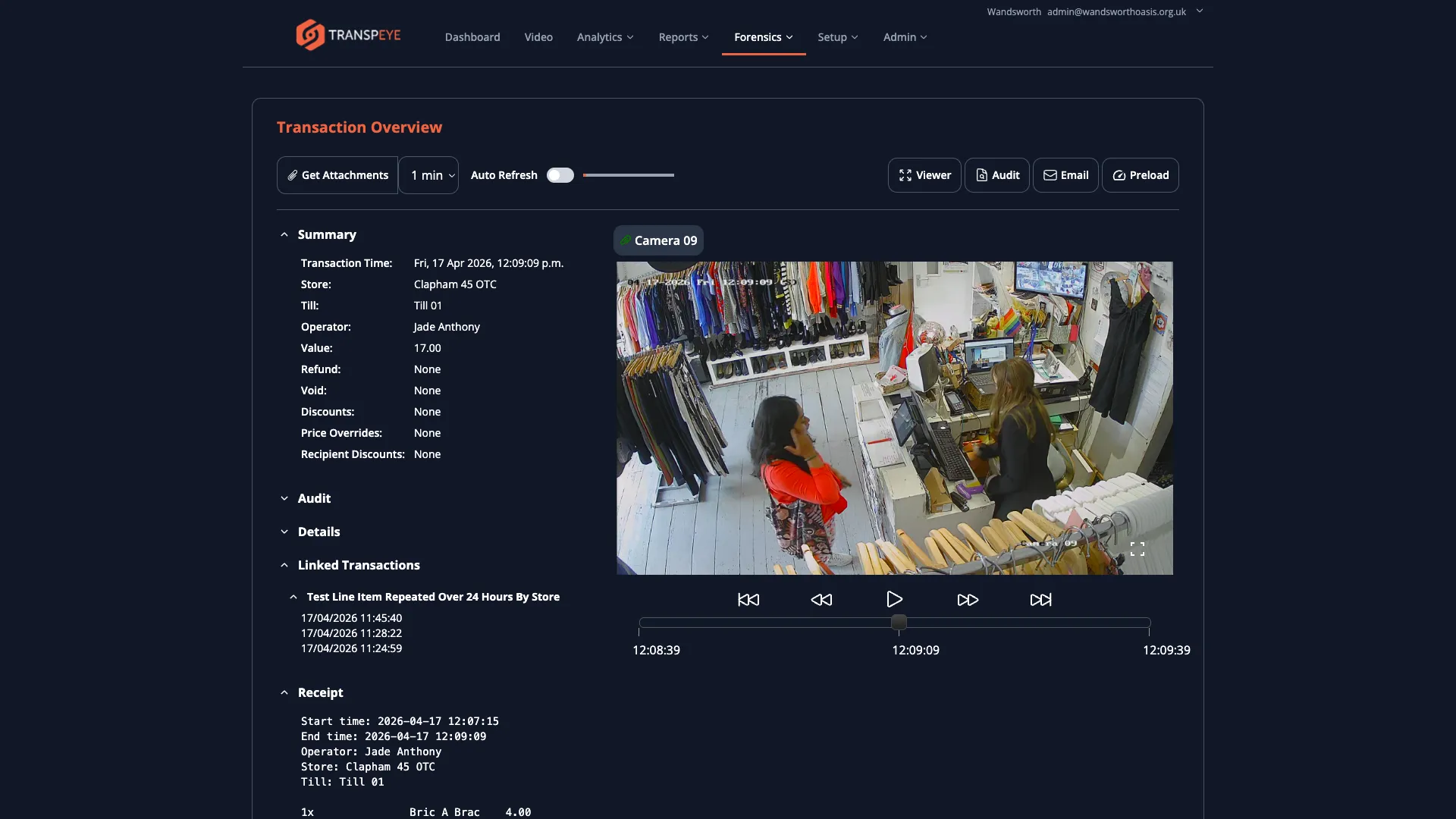The Transaction Overview page showing linked transactions from the same operator, with CCTV footage and receipt details for cross-referencing related events