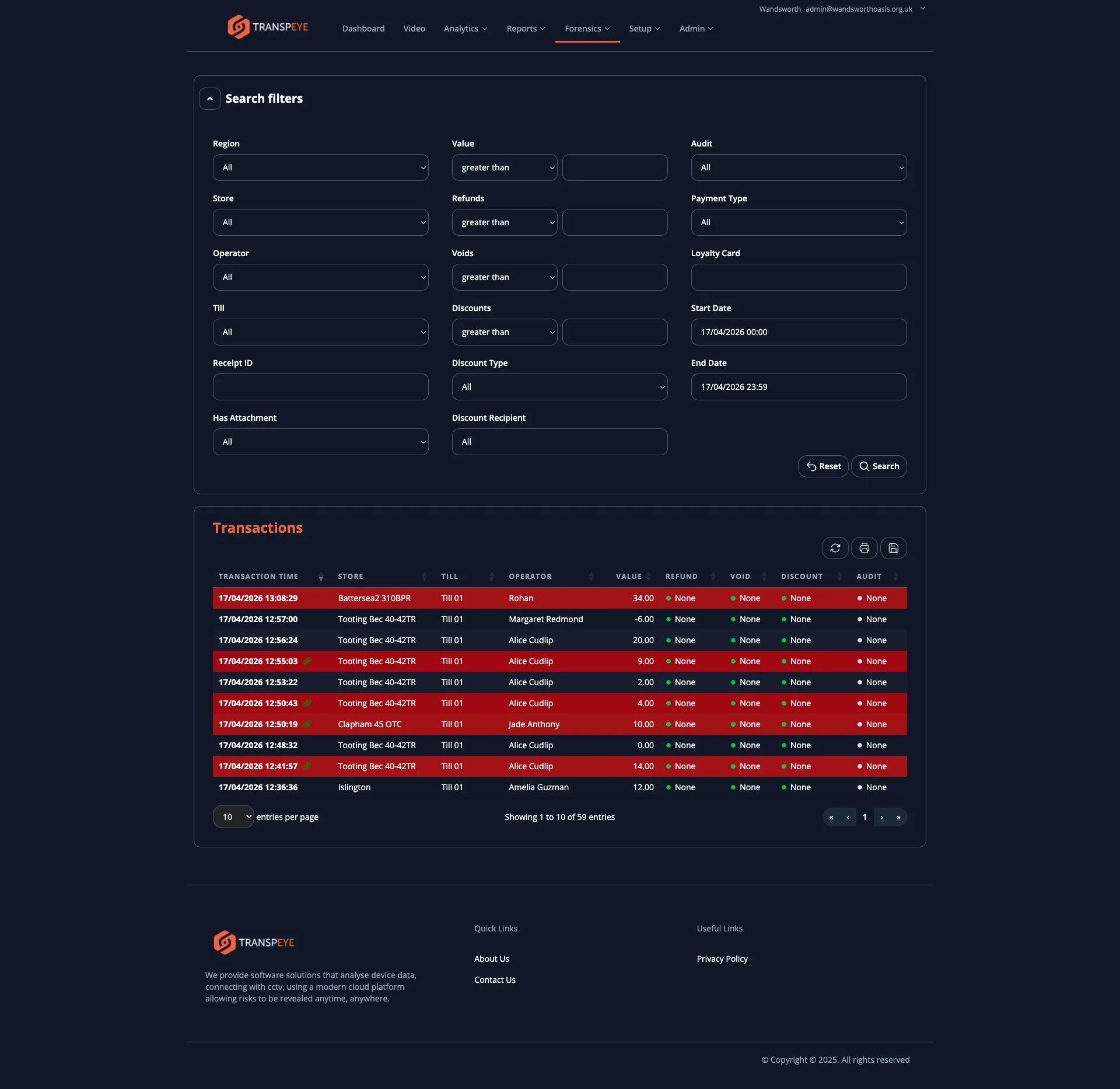 The Transactions list page showing a data table with columns for Transaction Time, Store, Till, Operator, Value, Refund, Void, Discount, and Audit, with search filter controls above
