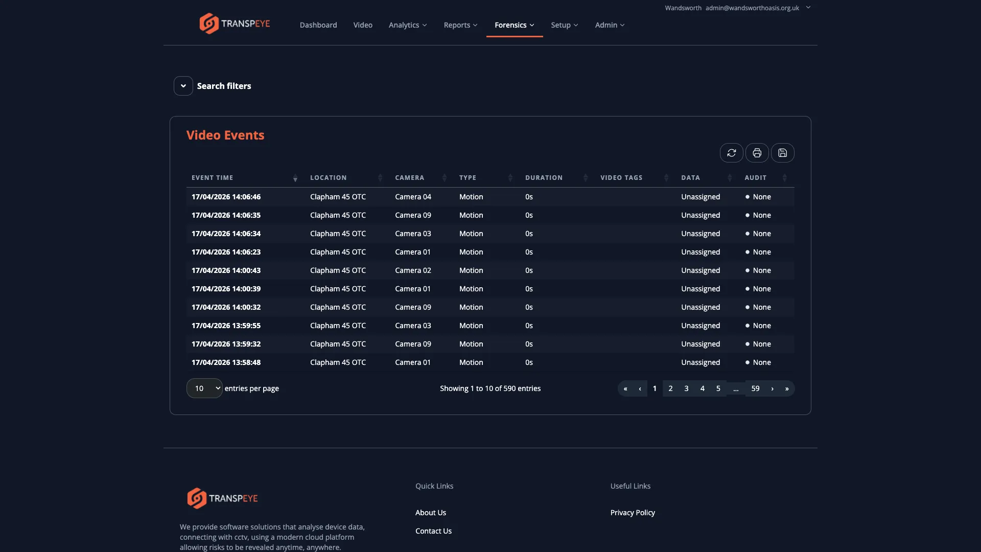 The Video Analytics Events list page showing a data table of camera detection events with columns for detection time, camera, detection type, and linked video