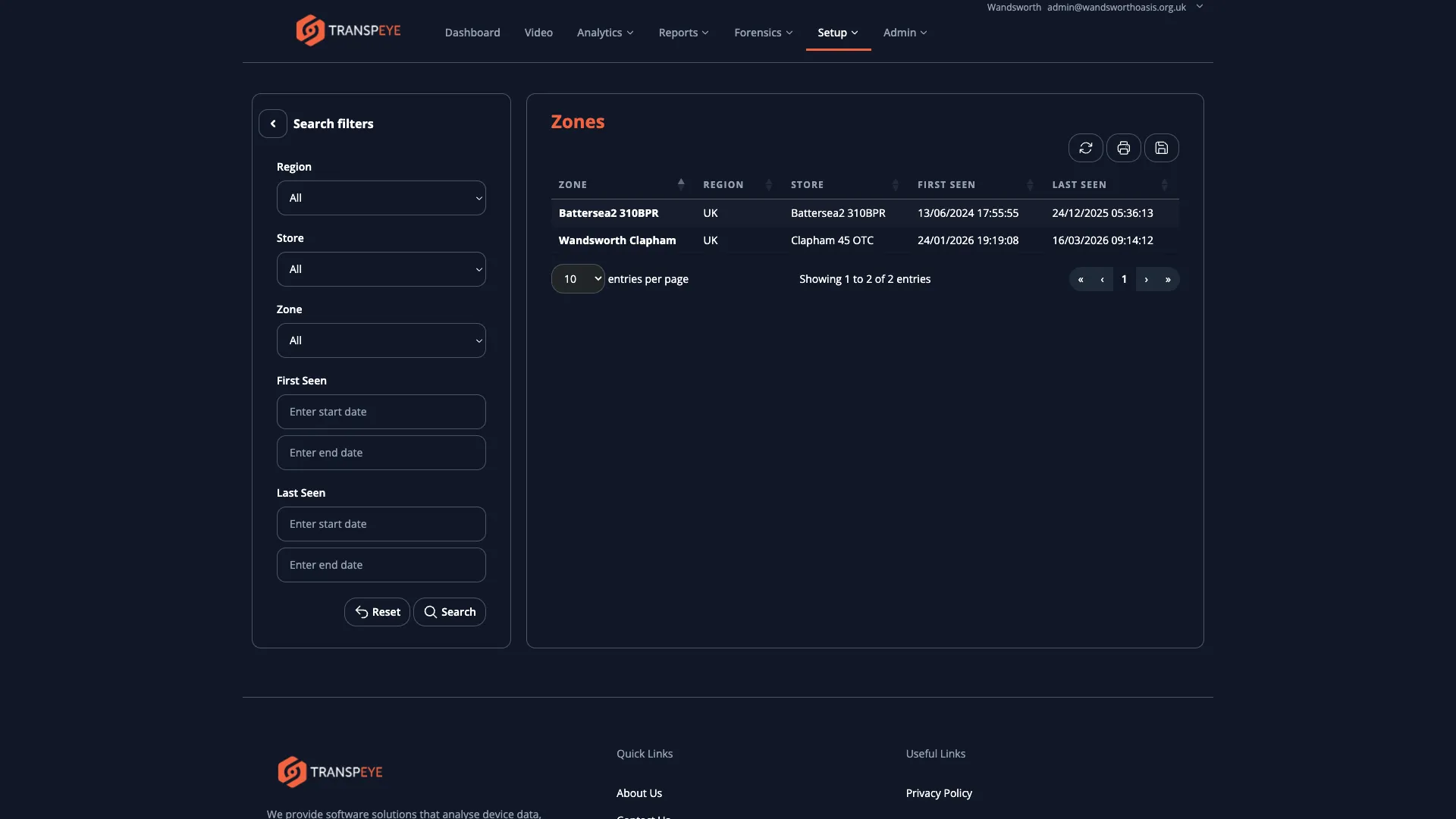 The Transpeye Zones list page showing a data table with columns for Zone Name and Store, listing each zone and its parent store